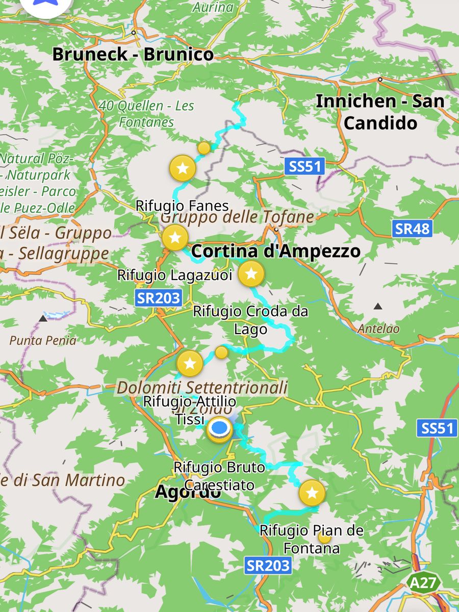 Mappa dell'Alta Via 1 da Braies a Belluno con i rifugi lungo il percorso